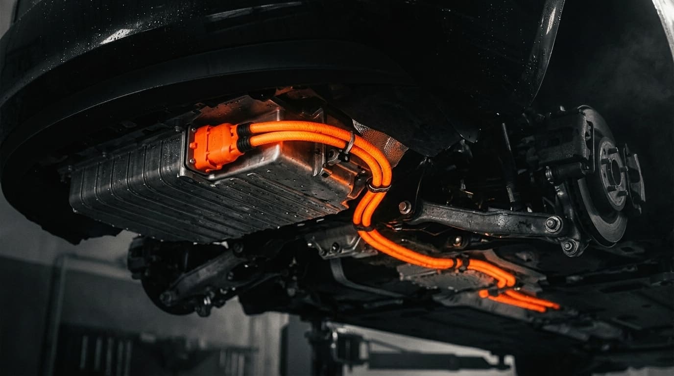 Hochvolt-Batteriepack eines Elektrofahrzeugs mit orange leuchtenden HV-Leitungen
